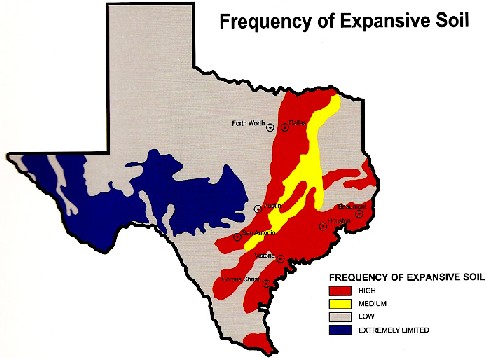 Map of Texas showing areas with high, medium, low, and very limited frequency of expansive soil.